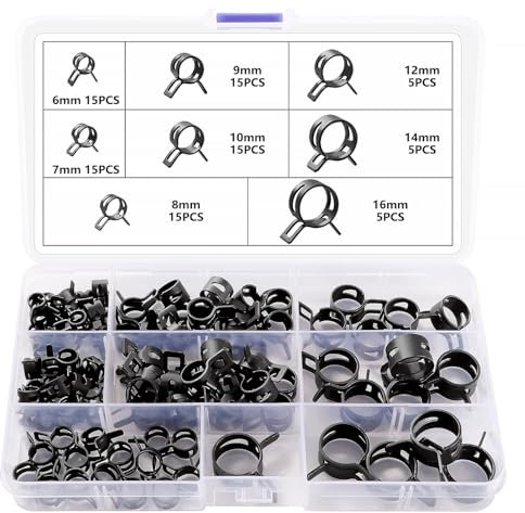 YIXISI 90 Pezzi 6/7/8/9/10/12/14/16 mm Clip Fascette Stringitubo a Molla, Fascette per Tubi Carburante, Morsetti per Tubi Flessibili, Tubo dell'Acqua Tubo dell'Aria Fascetta per Tubo di Vuoto, Nero
