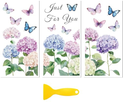 Peacoblue UV DTF Möbel Transferfolie,Hortensien & Schmetterling Dekorfolie | 3er Set UV DTF Transfersticker 15x30cm, Wasserfeste Dekorfolie für Möbel, Schubladen, Holz, Glas und Keramik