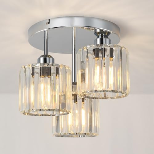 ANWIO Lampadario Cristallo Argento, Plafoniere da Soffitto Soggiorno 3 Luci, Lampadari Moderni Cameretta E27, Plafoniera in Cristallo con 3 Paralume in Vetro Per Cucina (Senza Lampadine) Kitchen