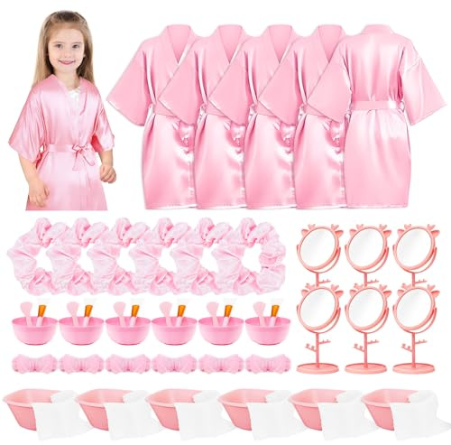 KDXBQ 6 Set Girls Spa Party Supplies Kids Robes with Accessories Kit Sleepover Party Supplies for Girls Spa Party Satin Robes