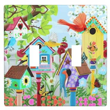 Poezjzw Cubierta de interruptor de luz con patrón de pájaro y casa, cubierta de receptáculo de doble palanca, placa de pared decorativa, tamaño estándar 4.5 x 4.5 pulgadas