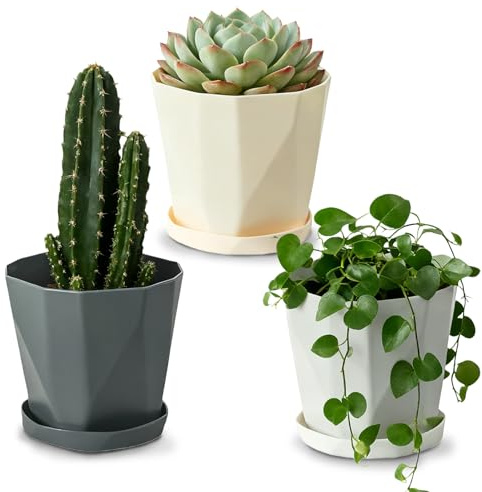 Zykphao 3PCS Plastic Flower Pots, 13CM Colorful Flower Pots Perfect for Indoor and Outdoor with Drainage Hole and Tray for All Plants for Flowers Herbs Succulents Cactus (3 Colors)