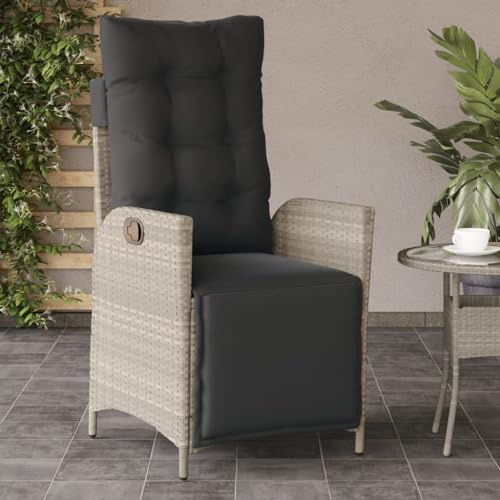 Emmtore Gartensessel mit Fußteil, Gartenstuhl Verstellbare Rückenlehne Fußteil, Sessel Stuhl Stahlrahmen, Gartenmöbel, Hellgrau Poly Rattan