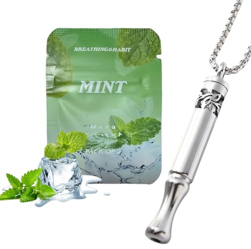 LQIOACU 1 Pieza Collar de Respiración Ajustable,Metal con Cadena Ajustable | Incluye 3 Cartuchos de Recambio con Menta | Para Ejercicios de Respiración y Relajación