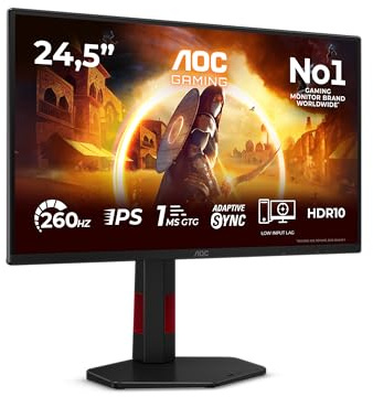 AOC 25G4ZR Monitor 25 Pulgadas 260Hz, Panel Fast IPS, 1ms GtG, HDR10, Adaptive Sync, G-Sync Compatible, Altura Ajustable, (1920x1080 HDMI 2X 2.0 DP 1x 1.4) Negro