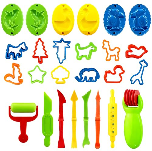 26 teiliges Knete Zubehör, Knetwerkzeug für ab 2 Jahre, Knetzubehör Set für Play-Doh, Knete Zubehör Set mit Plastilin Werkzeuge,Kneten Ausstechformen, für Playdoh Knetset DIY Clay Sand Knetmasse