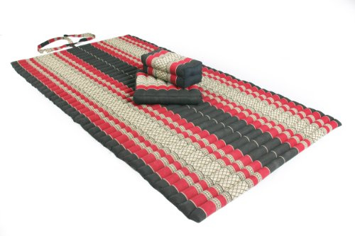 Thaimatten Set: Rollmatte 200x100 + Kissen 35x15x10 + Sitzkissen 40x40 Thaikissen Liege Set für Entspannung und Massage schwarz & rot