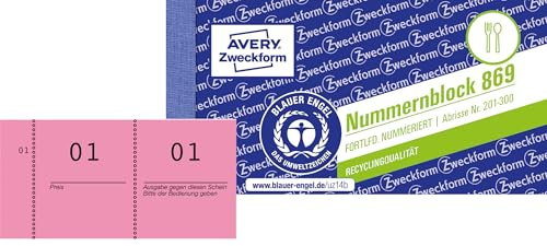AVERY Zweckform 869-10-3 Nummernblock (105x53mm, 1.000 fortlaufend nummerierte Abrisse von 1-100 pro Block, 10 Blöcke mit je 100 Nummern, ideal für Veranstaltungen aller Art, Tombolas) rot