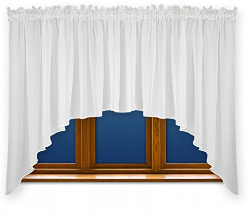 FKL DESIGN Home Deco Schöne Fertiggardine Fenstergardine Gardinen mit Kräuselband Gardine aus Voile mit Faltenband Kräuselband Store Bogen Kurz Modern Weiß 150x300 cm LB-163