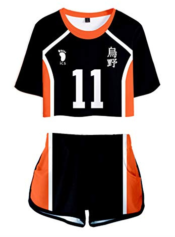 AMOMA Damen Mädchen Anime Haikyuu Karasuno High School Cosplay Crop Top und Shorts Trainingsanzug Zweiteilige