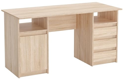 KOMTO Schreibtisch mit Schubladen - Oslo 145 x 65 x 76 cm Moderner Schreibtisch Sonoma Eiche Bürotisch Computertisch Arbeitstisch Büro PC-Tisch Kinderschreibtisch mit Stauraum