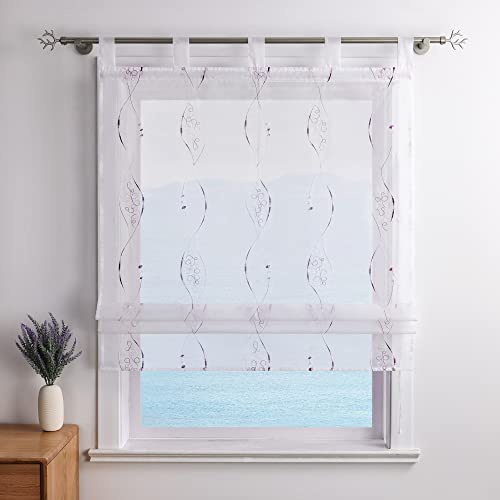 ESLIR Raffrollo mit Schlaufen Gardinen Küche Modern Raffgardinen Transparent Schlaufenrollo Bestickt Vorhänge mit Stickerei Violett BxH 100x140cm 1 Stück