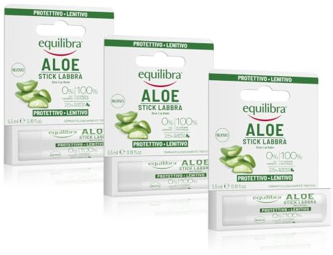 Equilibra Viso, Aloe Stick Labbra, Stick Labbra a Base di Aloe Vera, Idratante Labbra che Crea un Velo Protettivo Contro Gelo, Disidratazione, Sole e Vento in Ogni Stagione, 3 Pezzi da 5,5 ml