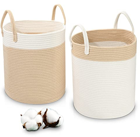 LA BONHEUR Wäschekorb Groß 2 Stücke Laundry Baskets Geflochten Faltbar,mit Griff Handarbeit Wäsche Wäschesammler Aufbewahrung Spielzeug Kinder Aufbewahrungskorb Waschküche, Kinderzimmer,(35cm*40cm)