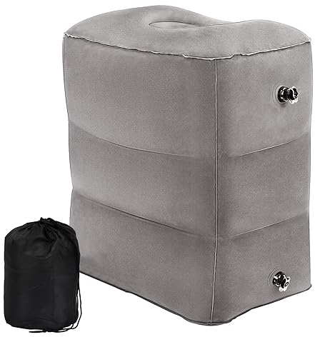 Foot Rest Travel Pillow Folding Portable, Inflatable Foot Rest Cushion Muti-Functional, Adjustable 3 Layers Footrest Pillow, Travel Footstool with Bag and Inflator for Long Flight, Train, Cars (Grey)