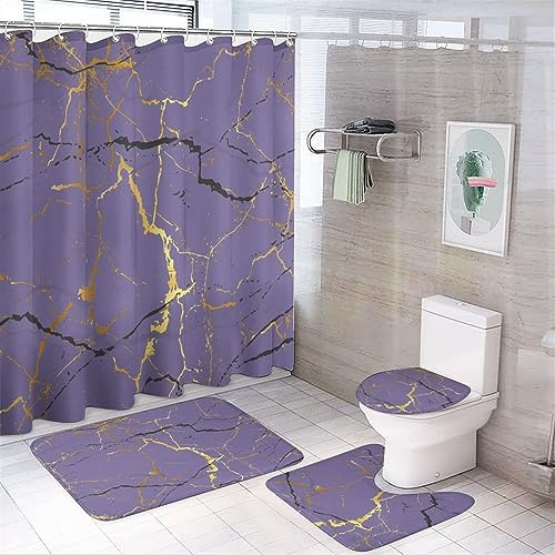 COALHO Abstrakte moderne Kunst, lila Marmor, kreatives Badezimmer-Duschvorhang-Set, rustikal, luxuriös, lila, goldener Marmor, rutschfest, wasserdicht, Badematte, WC-Vorleger, 183 x 183 cm