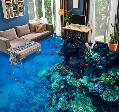 Bodendekorationsposter 3D-Bodentapeten mit blauen Meeresfischen, 200 x 140 cm Bodenfliesen Aufkleber Wohnzimmer Studie Bodenbelag Tapete, Epoxidharz