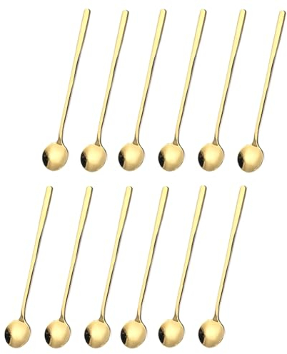Tyatocepy Juego de 12 cucharillas de café, cucharillas doradas, cucharas largas para mezclar, café, cuchara mezcladora redondeada, cuchara de postre de miel, larga duración