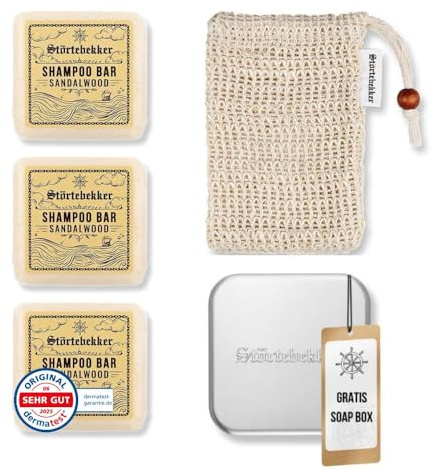 Störtebekker® Premium Duschset - Festes Shampoo Sandelholz (x3), Sisalsäckchen + GRATIS Seifendose Aluminium - Shampoo Bar Set für Haare, Kopfhaut & Bart - Handgefertigt in Seifenmanufaktur