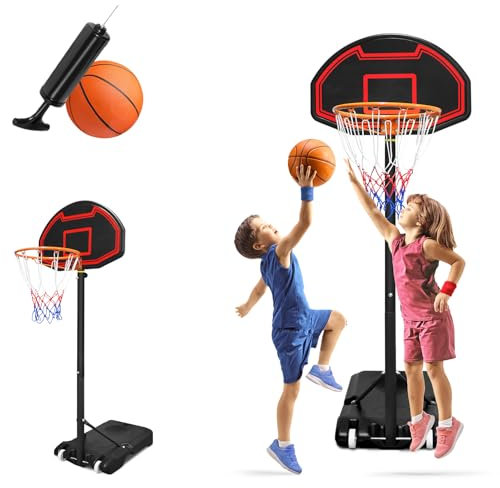 LARS360 basketkorg för barn, 156–208 cm justerbar höjd, basketstativ, bärbart basketstativ med hjul, basketkorg inomhus utomhus med 2 basketnät och 1 basketboll