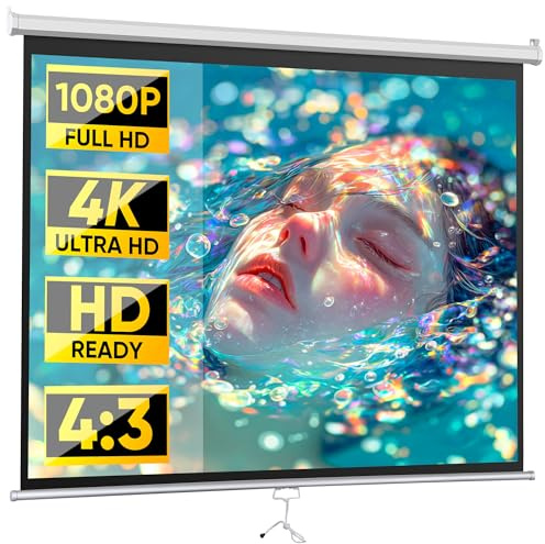 ZENY Portable Projector Screen Pull Down, 72 Inch 4:3 Video Projection Screen Home Theater, Retractable Projector Screen, Moive Screen Indoor Outdoor, Wall Mount (72'' 4:3 White)