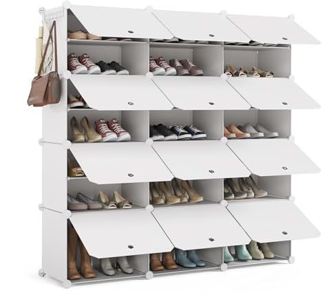 Mondeer Schuhregal, 3x7 Tier Würfel Kunststoff Schuhschrank, Modular Schuhaufbewahrung Hält 42 Paar Schuhe mit Tür, Platzsparend für Alle Arten von Schuhen, für Flure, Schlafzimmer, Eingänge, Weiß
