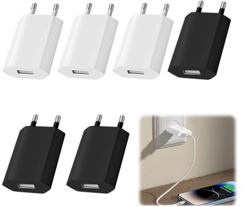 EuAcesry 6-Pack Prise USB, Chargeurs USB 5W, 5V/1A Mini USB Prise de Chargeur SecteurUSB, Prise SecteurUSB, Chargeurs pour Téléphones Portables, Noir, Blanc