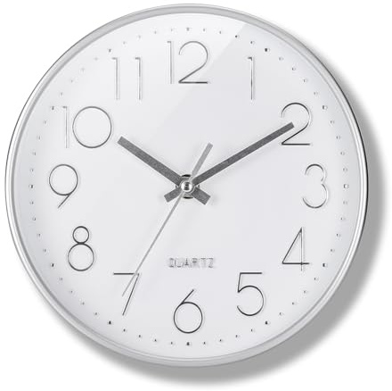JIZZU Reloj Pared Silencioso, 8 Inch/20 cm Reloj Cocina Pared, Funciona con Pilas, Reloj de Pared Redondo Decoración Moderna para Oficina, Aula, Estudio, Salón, Dormitorio, Cocina(Blanco)