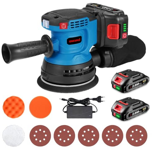 ONEVAN Akku Exzenterschleifer 125mm, Bürstenlos Exenterschleifmaschine Schleifer 3-Gang mit 2 2000mAh Akkus, Elektrisch Tellerschleifer Schleifmaschine inkl. Staubbeutel, 5 Sandblatt, 3 Polierpads