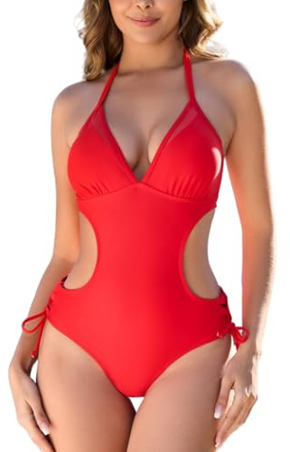 LXheysea Women's Halter Strappy Cutout One Piece Swimsuit Sexy Mesh Monokini Bathing Suit (M, Red)