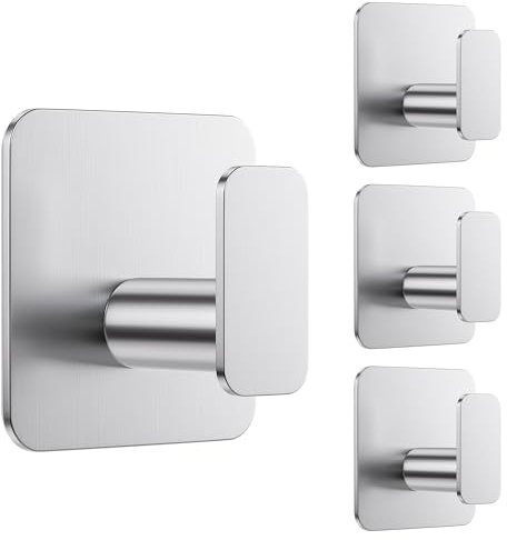 Aikzik 4 Pack Self Adhesive Hooks, Over 10kg Load - Stick on Hooks Heavy Duty Stainless Steel, No Drilling, Strong Sticky for Hanging Coats, Bathrobes and Towels, Tea Towel Holder for Door or on Wall