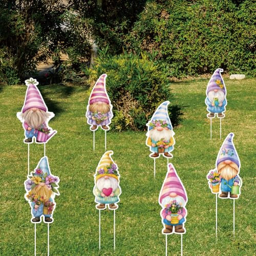 SUPERDANT 8Pcs Gnome Lawn Sign with 16 Stakes Decorative Garden Stakes Gender Reveal Party Decorations Spring Yard Sign Yard Art Garden Stake for Patio Baby Shower Decorations