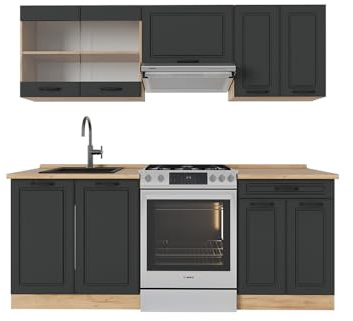 Vicco Küchenzeile R-Line, Anthrazit Landhaus/Goldkraft Eiche, 200 cm, AP Eiche