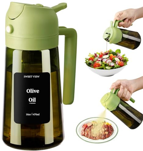 SWEET VIEW Spruzzatore Olio d'oliva e Distributore Olio, 470 ml, in vetro resistente alla luce, per cucina, friggitrice ad aria, cucina, insalata e barbecue