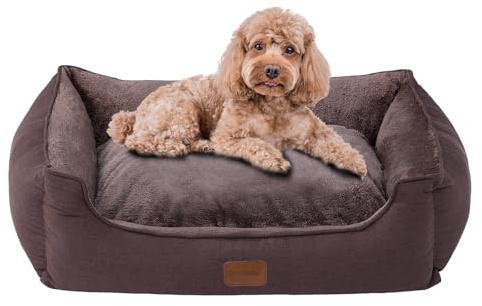 OUPEIWAWA Orthopädisches Hundebett für kleine & mittelgroße Hunde, 52x41x16cm (Schlafbereich 36x36cm), Hundekorb mit hohem Rand, Abnehmbarer & waschbarer Bezug, rutschfest, Dunkelbraun, Indoor/Auto