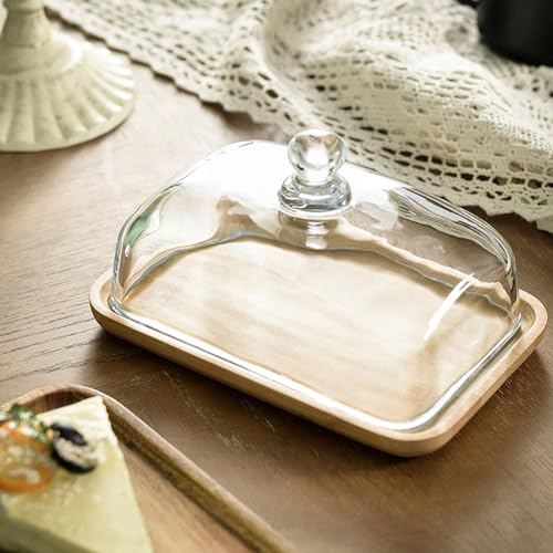 Beurrier en bois avec couvercle en verre transparent – Plateau rectangulaire élégant parfait pour le beurre, les noix, le fromage
