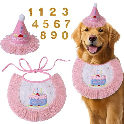 Hunde-Geburtstagsparty-Zubehör, Hunde-Geburtstags-Bandana-Set, glitzernder Partyhut mit Zahlen für Welpen, groß, mittel, klein (pinkfarbenes Set, groß)