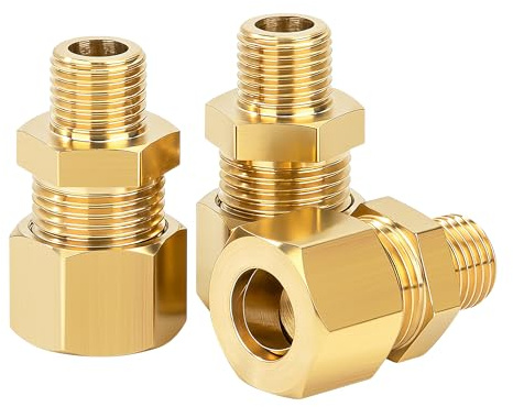 Racor de Compresión de Latón 4mm x 1/4 Macho, Conexión de Tubo Recto de Doble Manguito para Agua, Gas, Aire, Sistemas HVAC, Hidráulicos, Automoción y DIY – Pack de 3