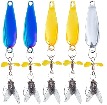 Lot de 5 leurres de pêche - En métal - Pour rivière, lac, eau salée, truite, perche, poisson-chat, saumon