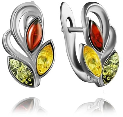 Piccoli orecchini in argento sterling 925 a 3 foglie con vera ambra baltica in 3 colori; realizzati in Germania
