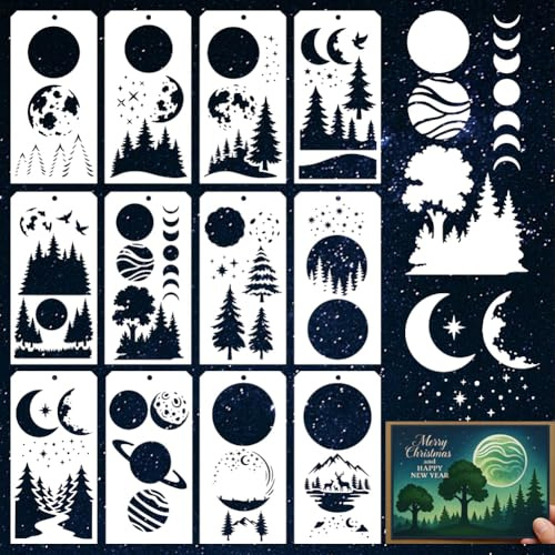 GOMAKERER 12 Blatt Overlay Schablonen Mit Wald Mondmotiv Zum Malen, 12 Stile Geschichtete Mond Designs Zeichenvorlagen Wiederverwendbare Kunstschablone Zum Malen Auf Wand Holz Heimdekoration