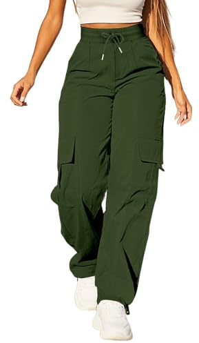 Cargo Pants For Women UK High Waist Combat Trousers With Multiple Pockets Solid Color Drawstring Tracksuit Bottoms Baggy Lightweight Wide Leg Trousers Ladies Casual Jogging Pants Hiking Walking