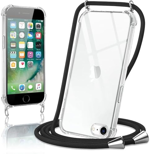 Micnkifo Handyband Hülle mit Band für iPhone SE 2020/SE 2022/7/8, Necklace Handyhülle mit Kordel Schutzhülle für zum Umhängen, Transparent TPU Case Stoßfest Kratzfest Silikon Cover mit Kette, Schwarz