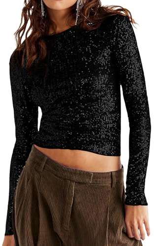 Women's Y2K Sequin Long Sleeve Top Dressy Sparkle Glitter Slim Crewneck Blouse Party Disco Rave Concert Shirts Outfits Clubwear (A-Black with Black Sequins, S)