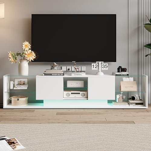 EZSSW Meuble TV LED - 200 cm - Blanc - Avec LED RVB - Pour salon, chambre à coucher - Banc TV moderne avec 2 tiroirs (blanc, modèle 1)