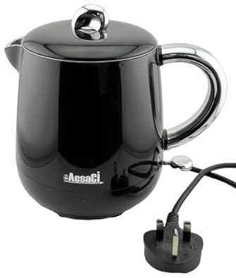 +AcsaCi Electric Double Wall Kettle, Black & Chrome, 600ml, NW 580g, Inside SS Food Grade, Outside Plastic Safety Cool Touch, Save Energy, 1000W, Perfect for 1-2 People living in Home/Students