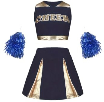 XIEHYA Cheerleader Kostüm Cheerleading-Anzug for Kinder, Mädchen, süße Performance-Kleidung, Urlaubsparty, Sportbekleidung, mehrfarbig, optional mit Pompons(Deep Blue,9-10Y(140cm))
