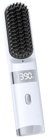 Cordless Hair Straightener Brush Portable on The go Comb for Travel USB chargingTwo Power sources30s Fast HeatingLCD Large Screen Display (White)