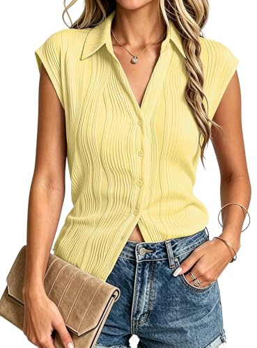 Gemulate Womens Vest Blouses Cap Sleeve V Neck Button Down Shirts | Ladies Slim Fit Casual Office Work Tank Tops