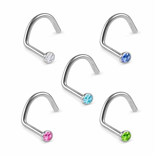 PIERCINGO® TITAN G23 Nasen-stecker Zirkonia-Kristall Nasen-piercing Gebogen Spirale Nose-Stud Nase Titanium ASTM F136 Silbern Strass-Stein Kristall-Disc 0.8mm